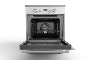 A modern oven with an open door, showcasing its interior and fan.