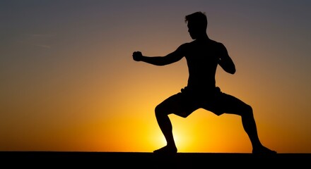 Silhouette of a martial artist practicing at sunset with golden hour sunlight creating an empowering and inspiring image