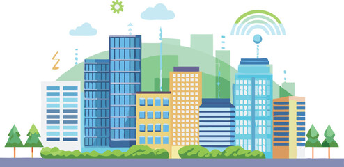 A city skyline featuring various buildings with a prominent Wi-Fi signal symbol above them.