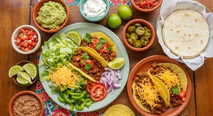 Overhead View of Delicious Ground Beef Tacos with Toppings