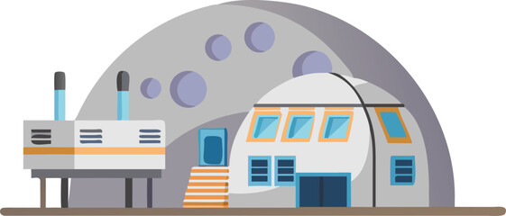 Vector illustration of a space station orbiting Earth, featuring solar panels and a detailed structure against a starry background.