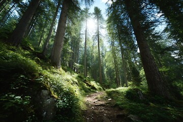 Obraz premium Trail through a forest with tall trees