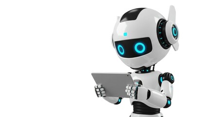 Sleek Rendered Robot Holding Tablet Displaying Information Concept