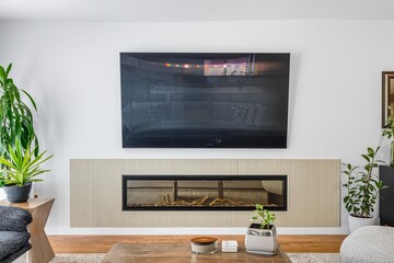 Modern living room with flat-screen TV, fireplace, and minimalist decor in natural light