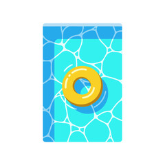 Top-down view of a yellow inflatable ring floating in a blue swimming pool with water reflections.