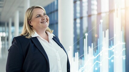 Plus Size White Blonde Businesswoman Smiling with Floating Upward Graph for Success Concept