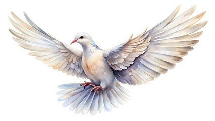 Obraz premium Watercolor illustration of a white dove with its wings spread isolated on white background