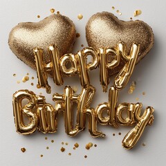 A festive and celebratory image with "HAPPY BIRTHDAY" in golden balloon letters and two heart-shaped balloons
