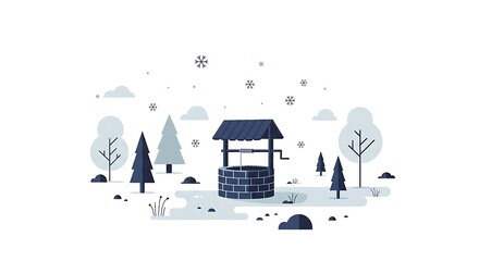 Winter scene A decorative well in a snowcovered forest landscape with illustration.