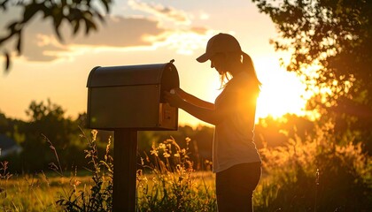 Woman retrieving mail from rustic mailbox at golden sunset in countryside