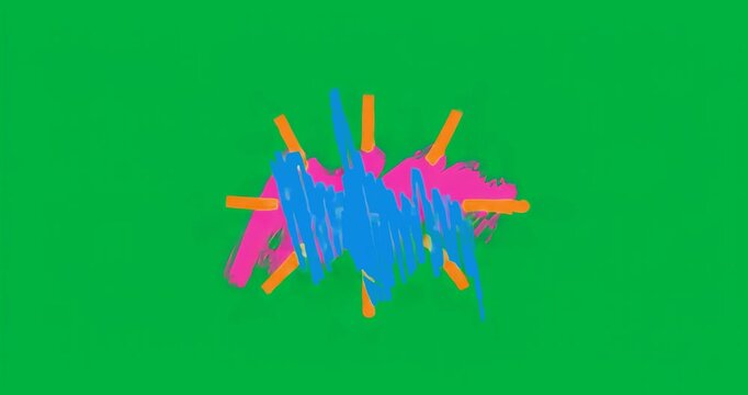 On start, pink oval pulsing orange rays, blue scribbling on transparent canvas, pulsating effect