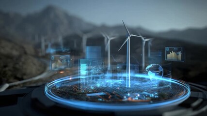 Futuristic Energy Transition: A visualization of wind turbines against a backdrop of technology interfaces, emphasizing sustainability, data-driven insights. - Powered by Adobe