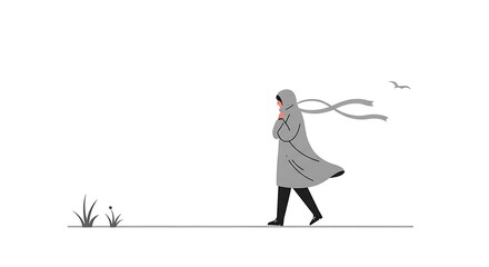 Woman walking in wind with scarf blowing, minimal illustration, and white background.