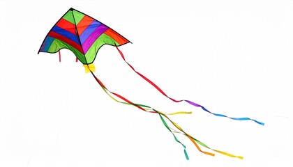 Colorful delta kite with long tails on white background.