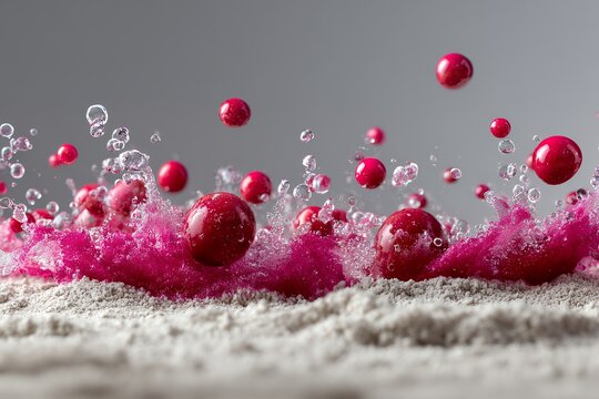Red spheres and pink splash in vivid motion on sand surface with bubbling effect