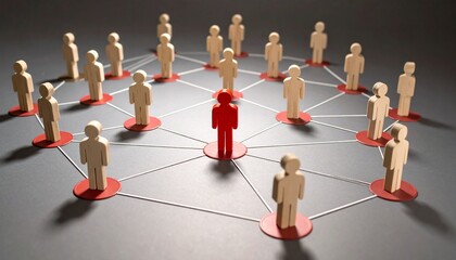 Wooden human figures network with central red leader connected to others.
