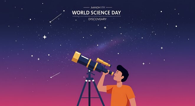 Young Man Observing Stars Through Telescope on World Science Day with Discovery.