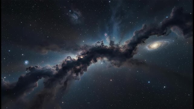 A dark interstellar cloud, stars faintly visible behind drifting shadows.