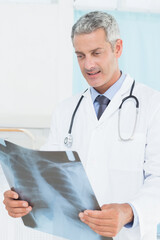Examining X-ray, doctor focused on patient diagnosis in hospital setting