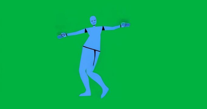 Glowing blue humanoid appearing in transparent void stepping spinning dancing showing two cans
