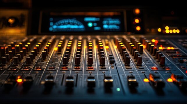 Professional Audio Mixing Console with Illuminated Knobs and Faders in a Dark Studio