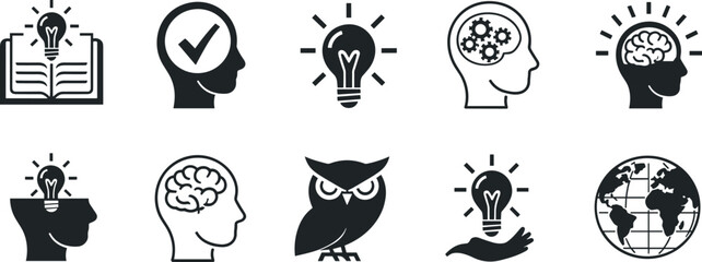 Intelligence icons, learning symbols, brain, idea, knowledge, education, thinking, creativity, cognitive process, global awareness, wisdom, insight, innovation, mental capacity, smart thinking