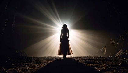 Silhouette of a woman standing dramatically in the darkness before a bright light
