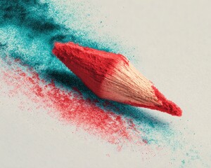 Red and teal crayon; colored pencil dust
