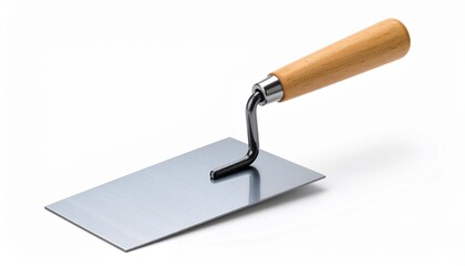 Metal hand trowel with wooden handle, used for masonry and plastering, isolated on plain background.