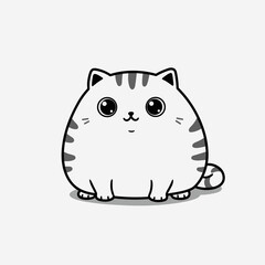 Chubby cartoon cat with gray stripes, big eyes, and a simple design
