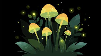 Glow mushrooms and leaves in night setting