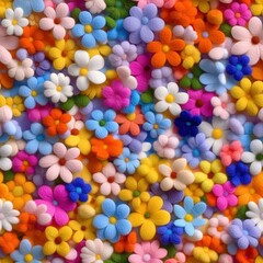 Seamless pattern of colorful felt flowers on a black background, representing a vibrant spring and summer color scheme
