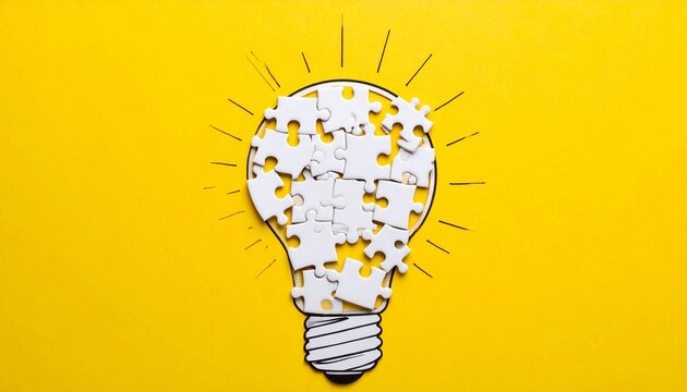 Puzzle bulb on yellow, symbol of problem‑solving and creativity