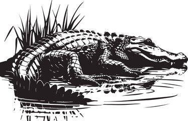 Naklejka premium Alligator in Water: A meticulously crafted grayscale illustration showcases a powerful alligator basking in tranquil water, embodying a sense of ancient resilience and natural beauty. 