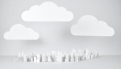 Obraz premium White paper city model under fluffy white paper clouds on a white background, minimalist modern design concept with clean lines, architectural art for creative projects.