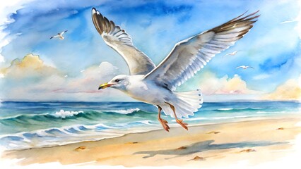 Fototapeta premium Watercolor painting of a seagull flying over the ocean with a sandy beach and blue sky