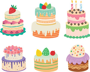 A collection of cakes and cupcakes, each with unique toppings and styles, presented in an appealing arrangement.