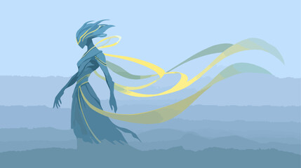 Abstract figure with flowing ribbons over misty mountains
