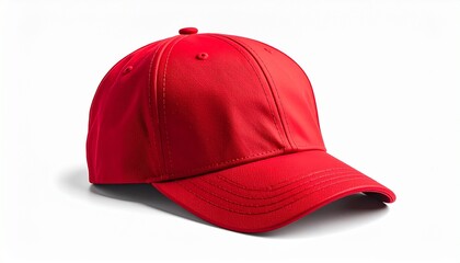 Red baseball cap on white background, symbol of casual style and sporty identity.
