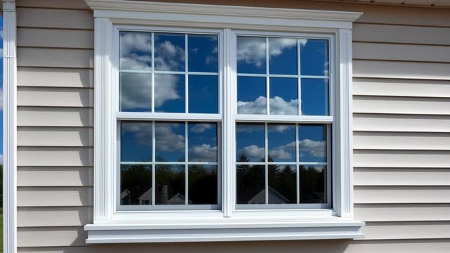 Bright affordable new home house with white framed window reflection of blue sky and clouds above beige vinyl siding trim inviting curb appeal and peaceful exterior setting