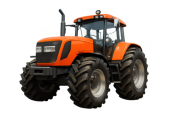 Orange tractor isolated on transparent background, ready for agricultural work
