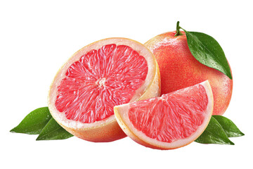 Fresh pink grapefruit halves and slices