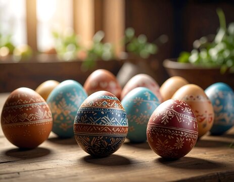 Painted Easter eggs on a rustic wooden table