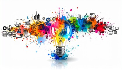 Colorful light bulb with STEM icons, symbol of creative innovation.