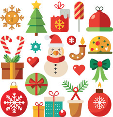 Fototapeta premium A set of colorful Christmas icons, including a tree, gifts, snowman, and ornaments, illustrated in a vector style.