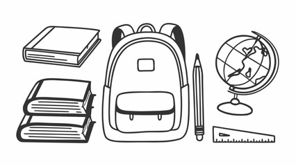 Illustration of school supplies including books, backpack, globe, pencil and ruler in black outline created with generated ai