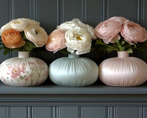 Pastel Ranunculus in Pleated Vases -  Floral Still Life Illustration