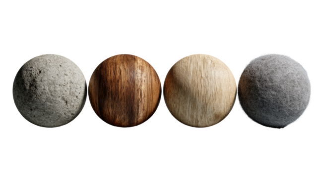Four spheres, varying textures, on black background