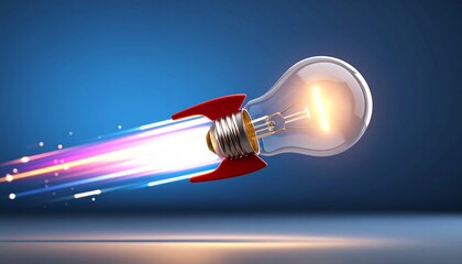 Rocket-shaped light bulb with glowing trails on blue gradient background.