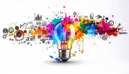 Colorful light bulb with STEM icons, symbol of creative innovation.